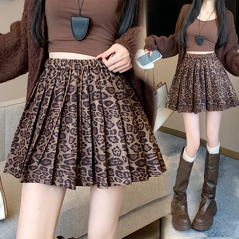 

Vintage Leopard Print Pleated JK Skirt Women Autumn Winter Drawstring Short Mini Skirt Female Students