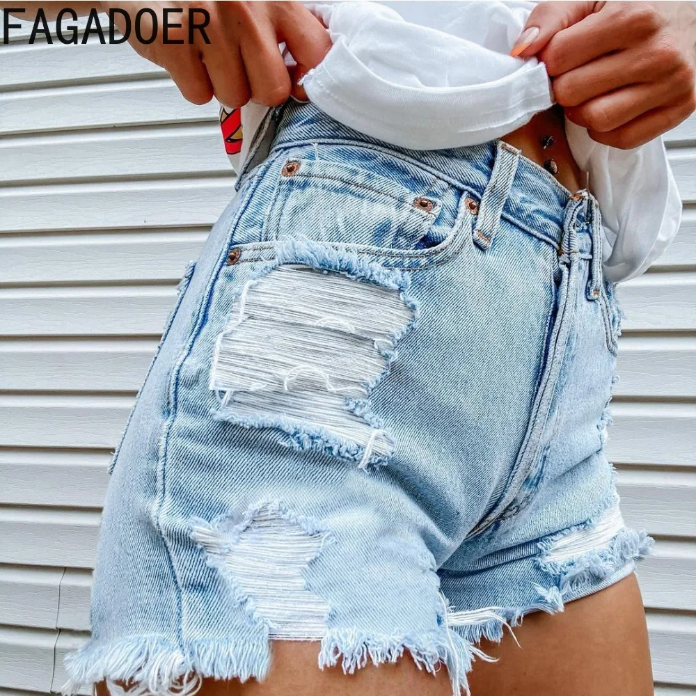 FAGADOER Fashion Y2K Street Style Women Worn Torn Denim Shorts Casual High Waisted Printing Tassels Shorts Female Cowboy Bottoms