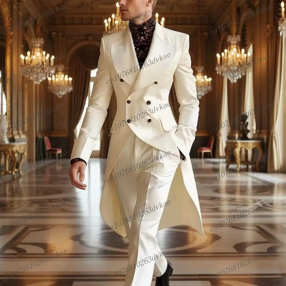 

White Ivory Long Blazer Men Suit Wedding Party Formal Groom Groomsman Prom Business Male Tuxedos 3 Piece Set Jacket Vest Pants