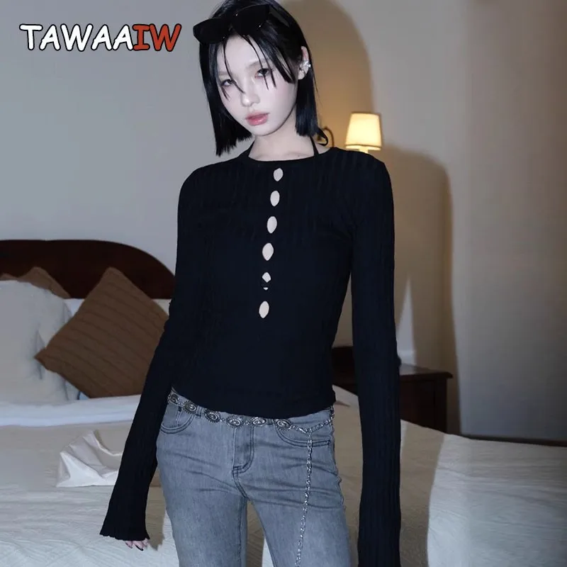 Tawaaiw Black Hollow Out Knitted T Shirt Women Long Sleeve Sexy Slim Knitwear Streetwear 2000s Clothes Y2k Tees Female Vintage