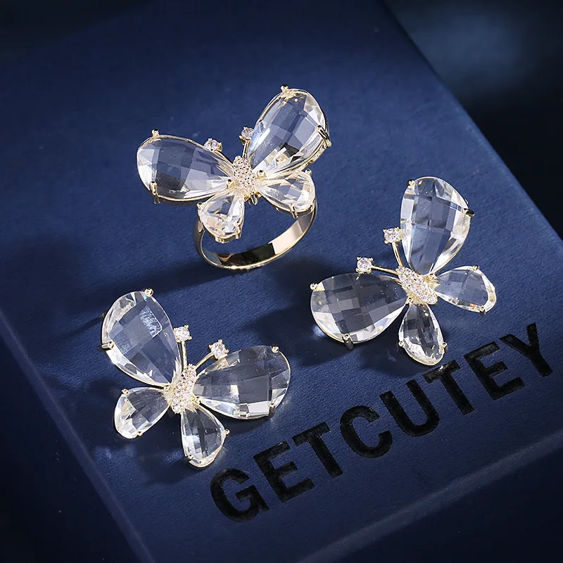

Stylish and versatile earrings, trendy crystal zircon butterfly opening ring stud set
