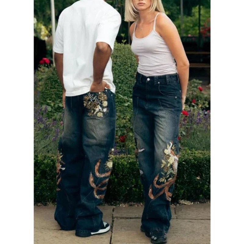 Vescartes زهر البرقوق المطرزة 2026 مستقيم الساق الجينز فضفاضة تناسب للجنسين متسابق السراويل المطرزة