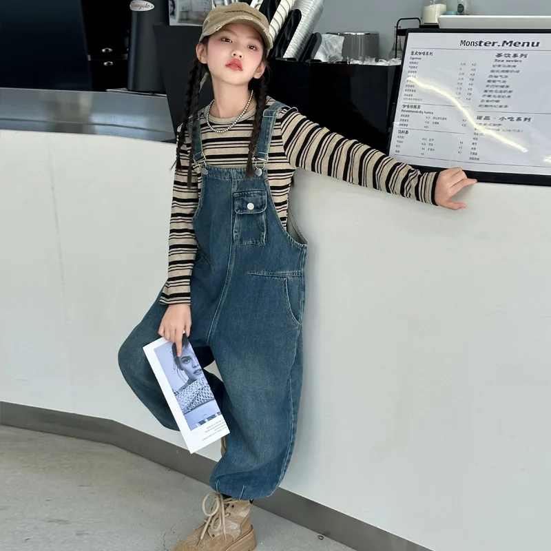 

Teenagers Girl Set 2025 Autumn School Girl New Striped Round Neck Tops+Denim Overall Sets Long Sleeves Kids Girls 2PCS Set