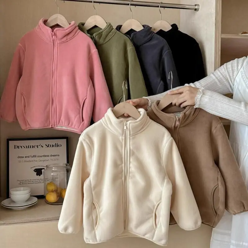 

Флисовое пальто для мальчиков и девочек, осенне-зимняя теплая куртка с воротником-стойкой, верхняя одежда, удобные топы, детская одежда для детей 4-8 лет