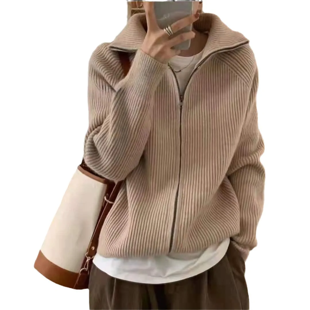 Lazy Style Double Zipper Turn-down Collar Solid Color Sweater Autumn and Winter New Loose Knit Cardigan Jacket