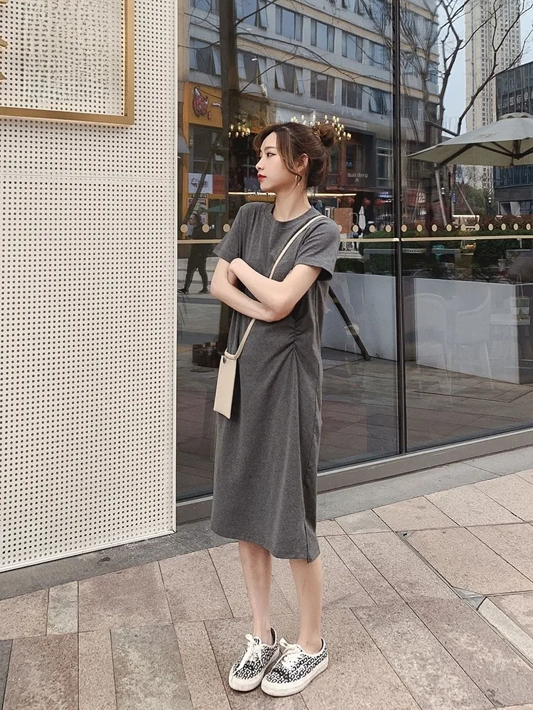 T-shirt ample coréen pour femmes, Dr ort Sve, longueur aux genoux, été, décontracté, confortable, mélange de coton Dr