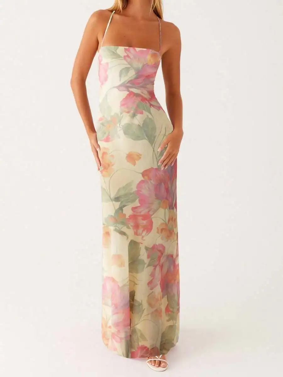 

Women Floral Print Sleeveless Spaghetti Strap Maxi Dress Beach Vacation Streetwear