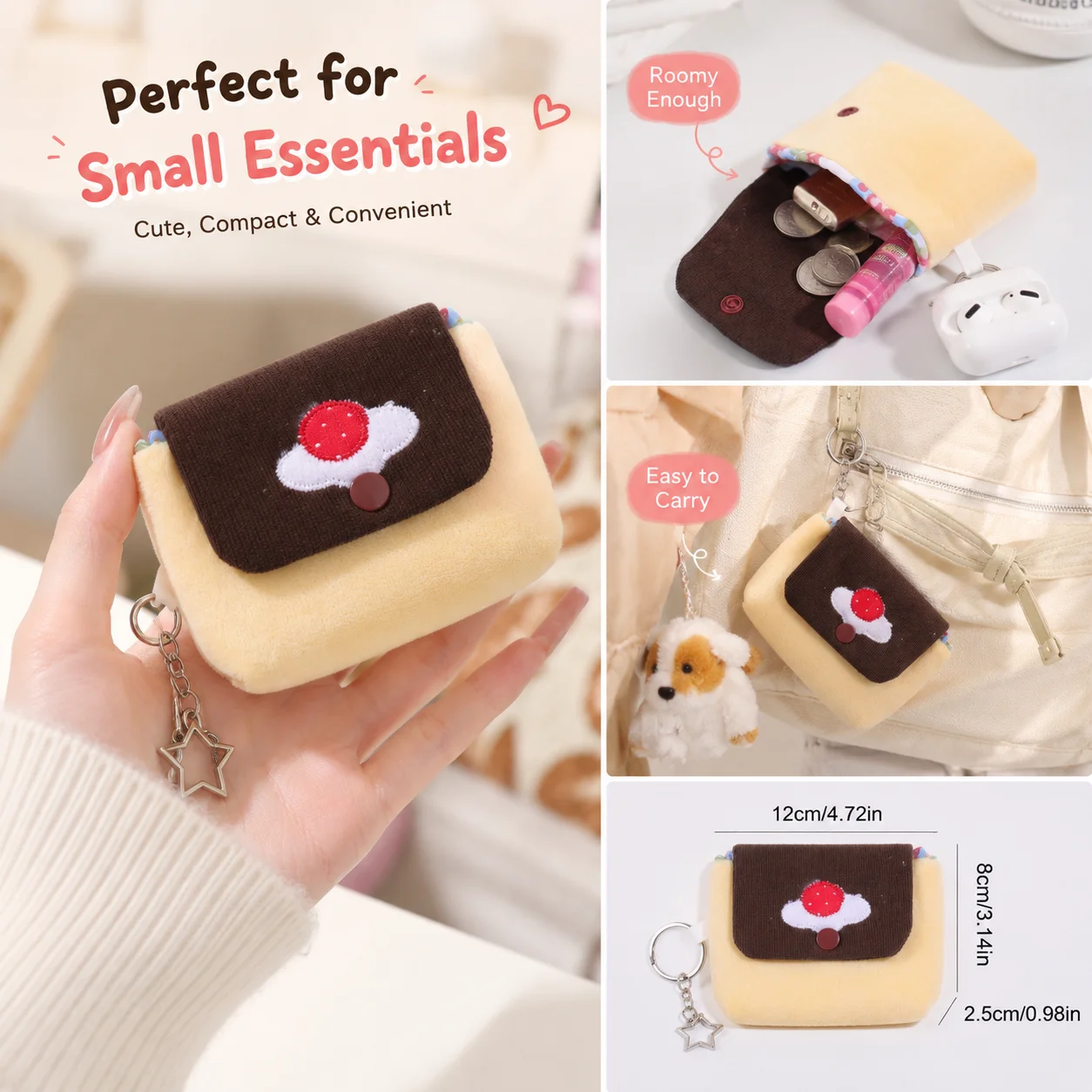Cherry Pudding Plush Coin Purse Keychain Mini Wallet With Snap Button Portable Pouch For Cards Earphones And Small Essentials view 6