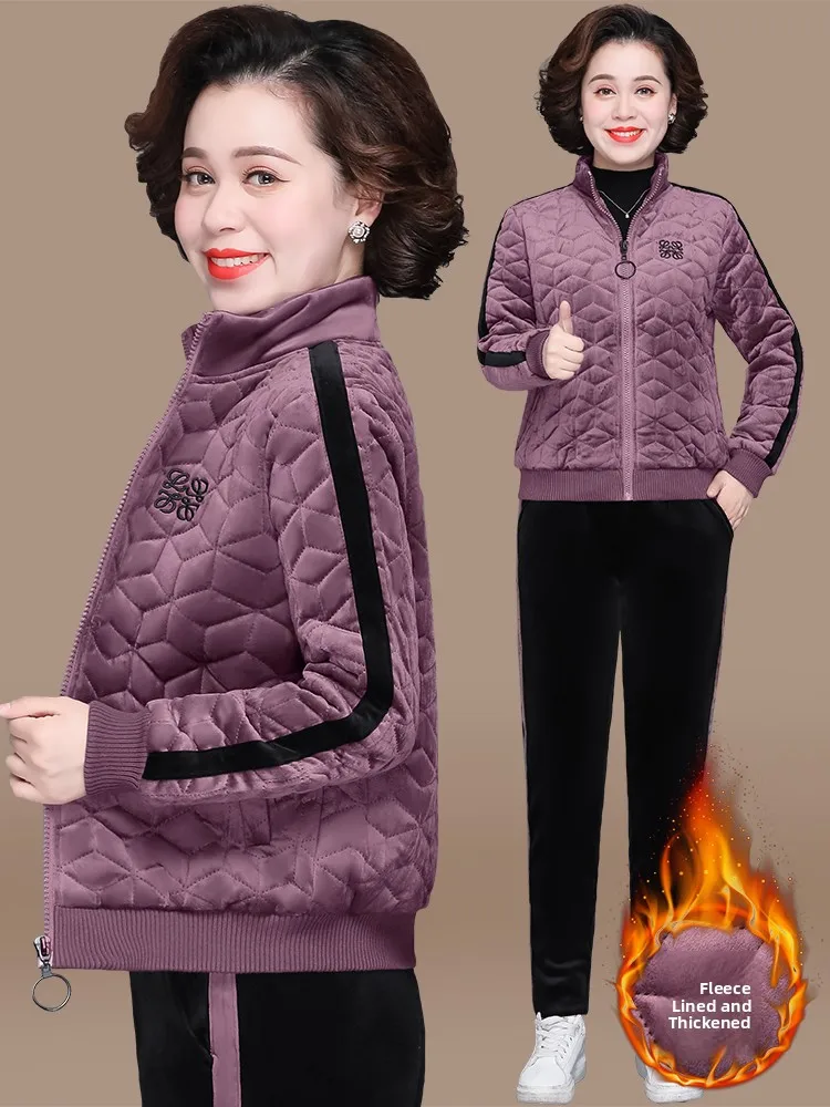 

Thiened Fce Women's Sportswear Set Winter Outerwear Hoodie Long Pants Faionable Loose Sle Mid-Aged And ly Clothing