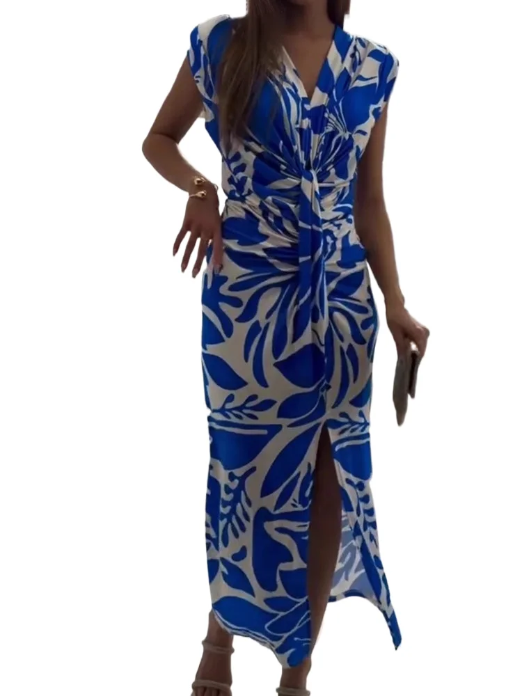 

Elegant Sexy V Neck Dress Lady Fashion Print Sleeveless High Waist Lace-up Slim Package Dresses For Women Casual Party Skirt