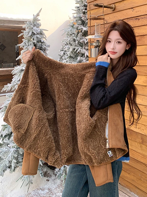 카라멜 색상 양털 자켓 여성용 가을 겨울 2025 신상 염색된 사슴 가죽 벨벳 코튼 코트 따뜻한 출퇴근용...