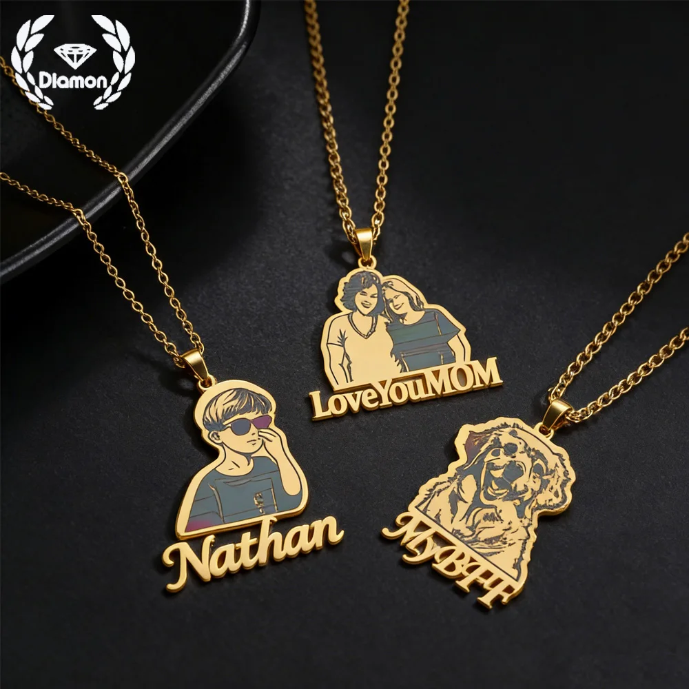 

Diamon Custom Photo Name Pendant Personalized for Men Women Cuban Chain Stainless Steel Necklace Memorable Jewelry Gifts