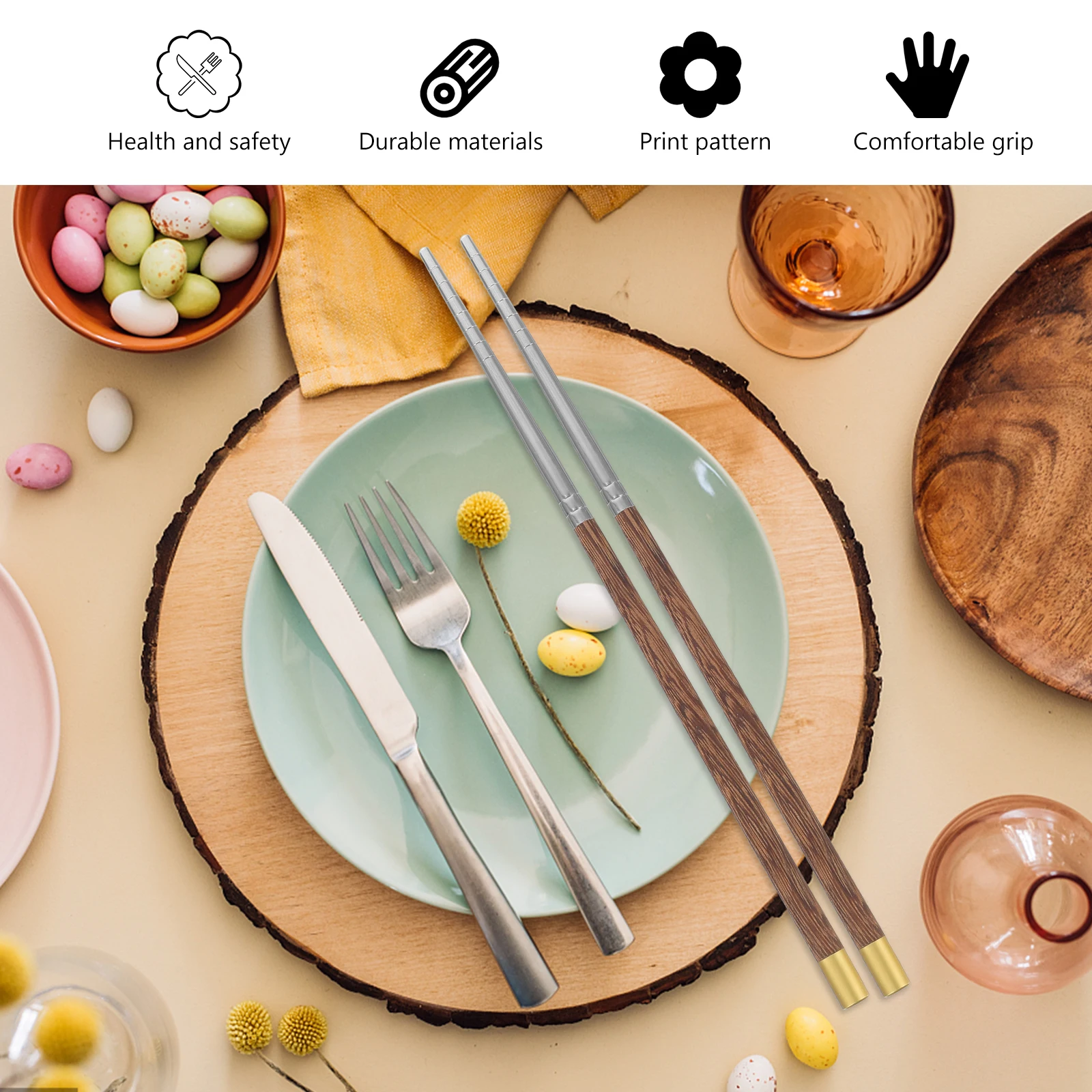 

Fu Character Chicken Wooden Handle Chopsticks Stainless Steel for Daily Use Household Reusable Food Rust Proof