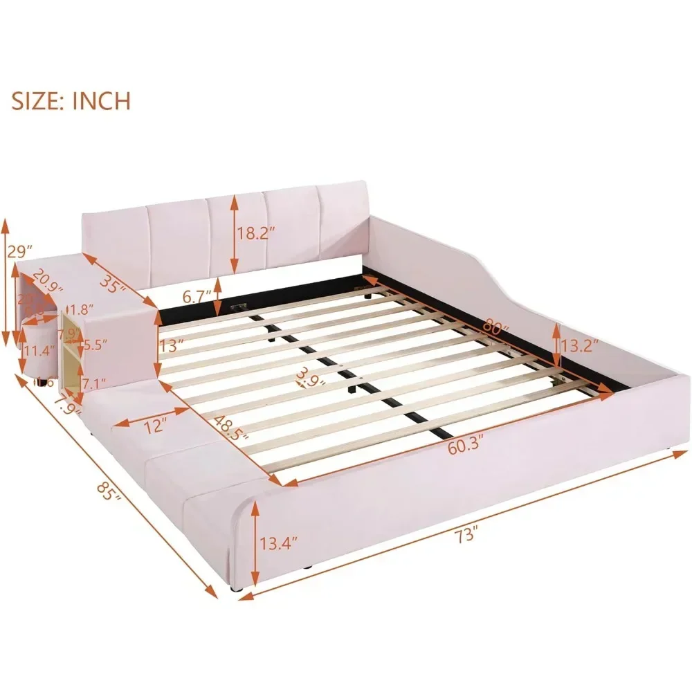 Upholstered Grounded Bed Platform Bed, Wooden Queen Size Mother & Child Bed Frame with Bedside Desk and Little Round Stool