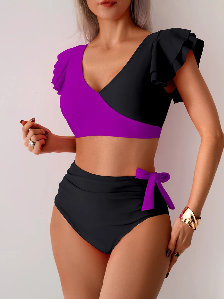 2025 새로운 섹시한 하이 웨스트 투피스 비키니 여성 패치 워크 프릴 수영복 Hollow Beachwear 꽉 푸시 업 휴가 수영복