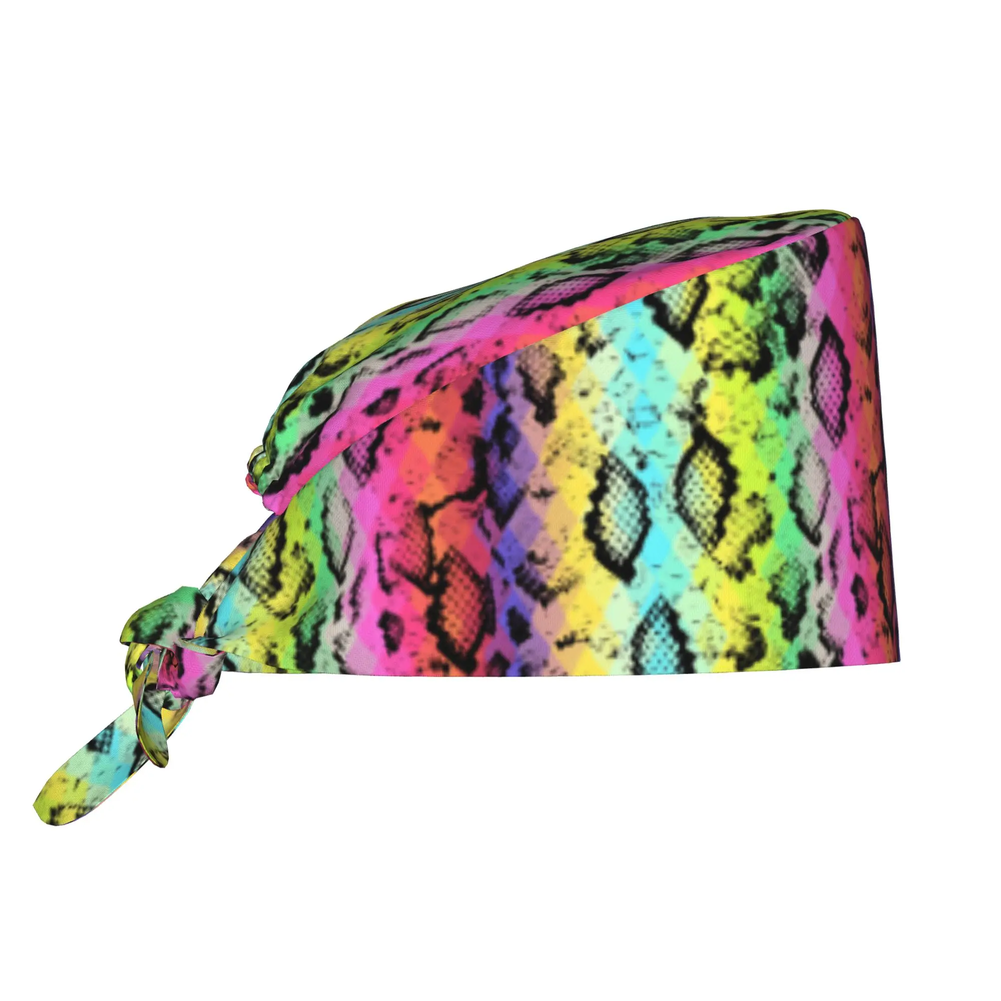 Adjustable Snake Skin Colored Rhombus Working Hat Black Rainbow Blue Green Purple Pink Scrub Caps Scrub Nursing Doctor Surgeon