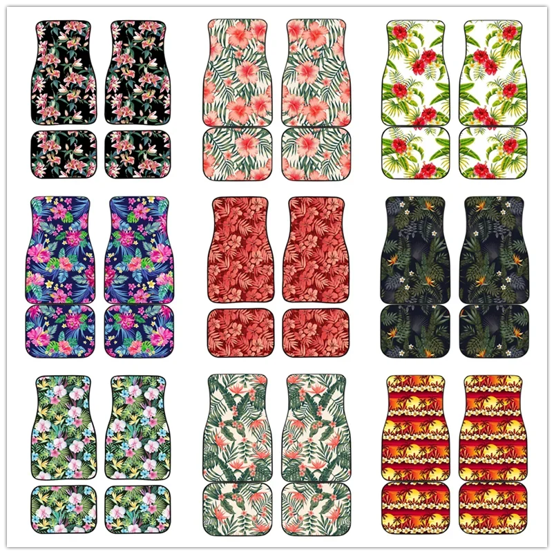 Blossom Tropical Leaves Pattern Car Floor Mat Vintage Black Carpet Anti-Slip Rubber Mat Pack of 4 Car Accessories Car Floor Mats