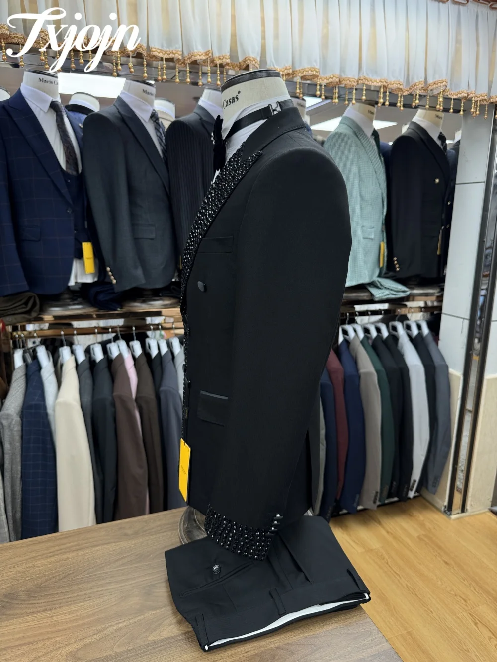 รูปภาพจริงเพิร์ลหรูหราชุดสําหรับชาย, double Breasted Tuxedo ชุด 3PCS Blazer เสื้อกั๊กกางเกงคริสตัลผู้ชายชุดคุณภาพสูง