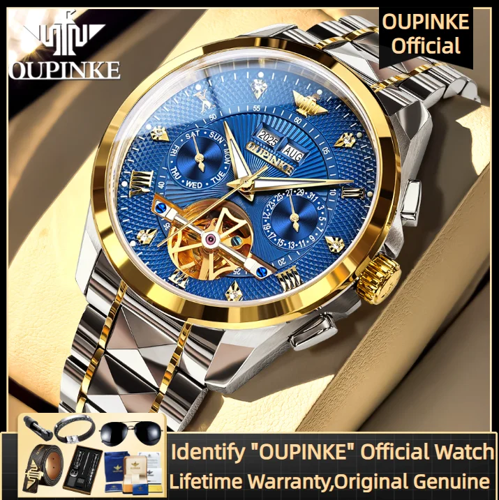OUPINKE 3270 Automatisch mechanisch herenhorloge Wolfraam stalen band Multifunctioneel Datum Waterdicht Lichtgevend herenpolshorloge