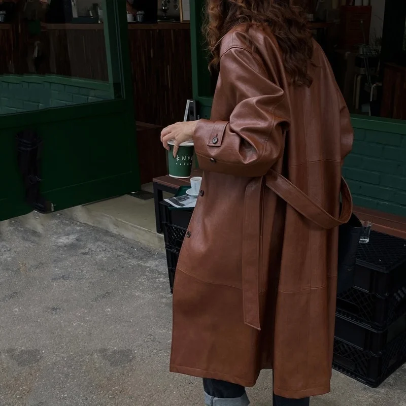 2024 Autumn Brown Long Faux Leather Trench Coat with Sashes Women Black Motorcycle Jacket Casual Single-breasted Female Outwear