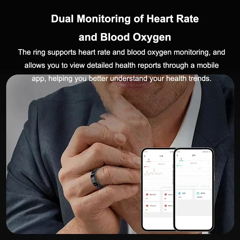 Smart Ring Heart Rate Blood Oxygen Health and Sleep Monitor 5ATM Waterproof Multi-sport Modes Fitness Ring for Android iOS