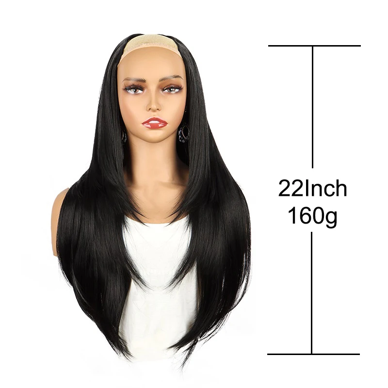 Extensión de cabello sintética larga y recta con capas, en forma de V, negra y rubia, invisible, para mujer, 22 pulgadas 2