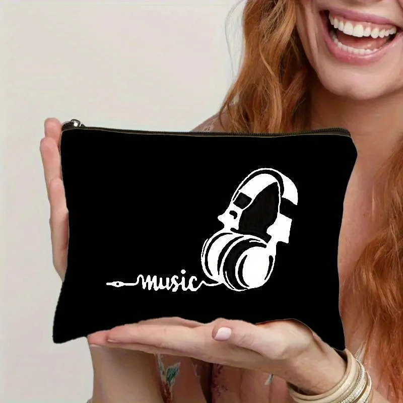 Canvas Toiletry Bag with Headphones & Music Design, Lightweight, Zippered, Hand Washable Casual Makeup Pouch