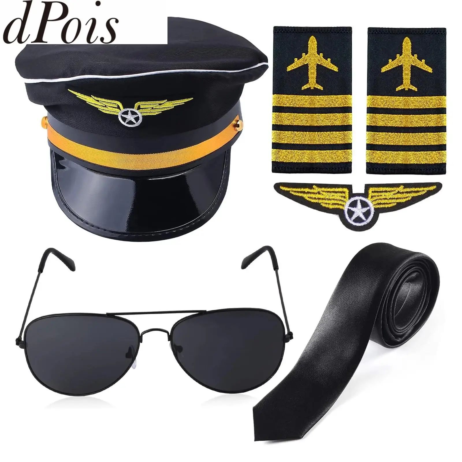 Halloween Stewardess Cosplay Accessories Pilot Captain Costume Kit Flight Attendant Hat Glasses Gloves Scarf Badge Epaulets Set