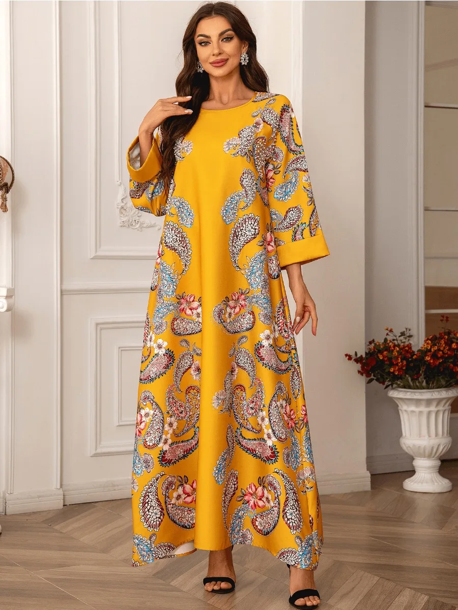 Eid Muslim Party Dress for Women Beading Print Long Dresses Ramadan Abaya Morocco Kaftan Vestidos Largos Dubai Robe Jalabiya