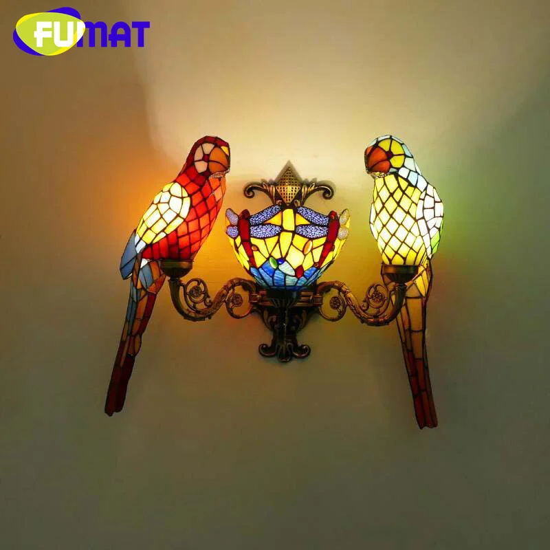 FUMAT Tiffany style stained glass retro Dragonfly parrot wall lamp for dining room bedroom bed corridor LED decor wall light