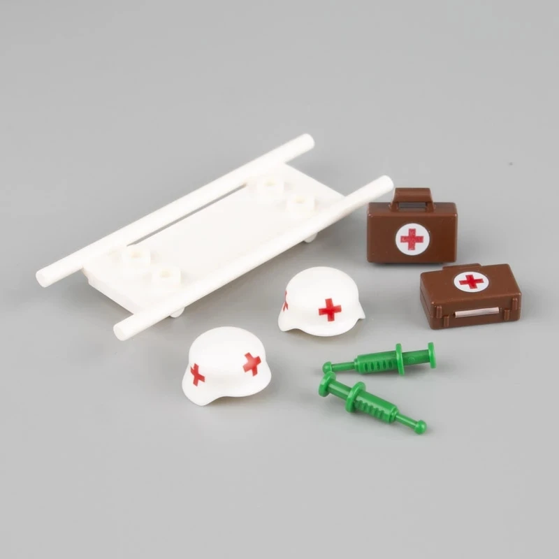 WW2 Military Medical Soldier Figure Building Blocks Syringe Stretcher Pack Helmet Accessories Army Brick Gift Toy For Kid J002