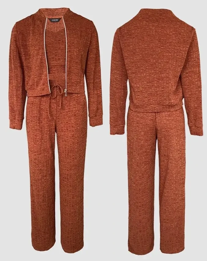 

Women's Pants Set Autumn New Two Piece Outfit Female Turn-Down Collar Zipper Cardigan Spaghetti Strap Tank & Casual Trousers Set