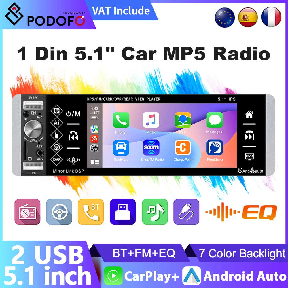 Podofo 1 Din 5.1 ''HD سيارة MP5 راديو مشغل فيديو Carplay أندرويد السيارات بلوتوث راديو السيارة FM RDS إلى USB SD DVR مساعد الصوت