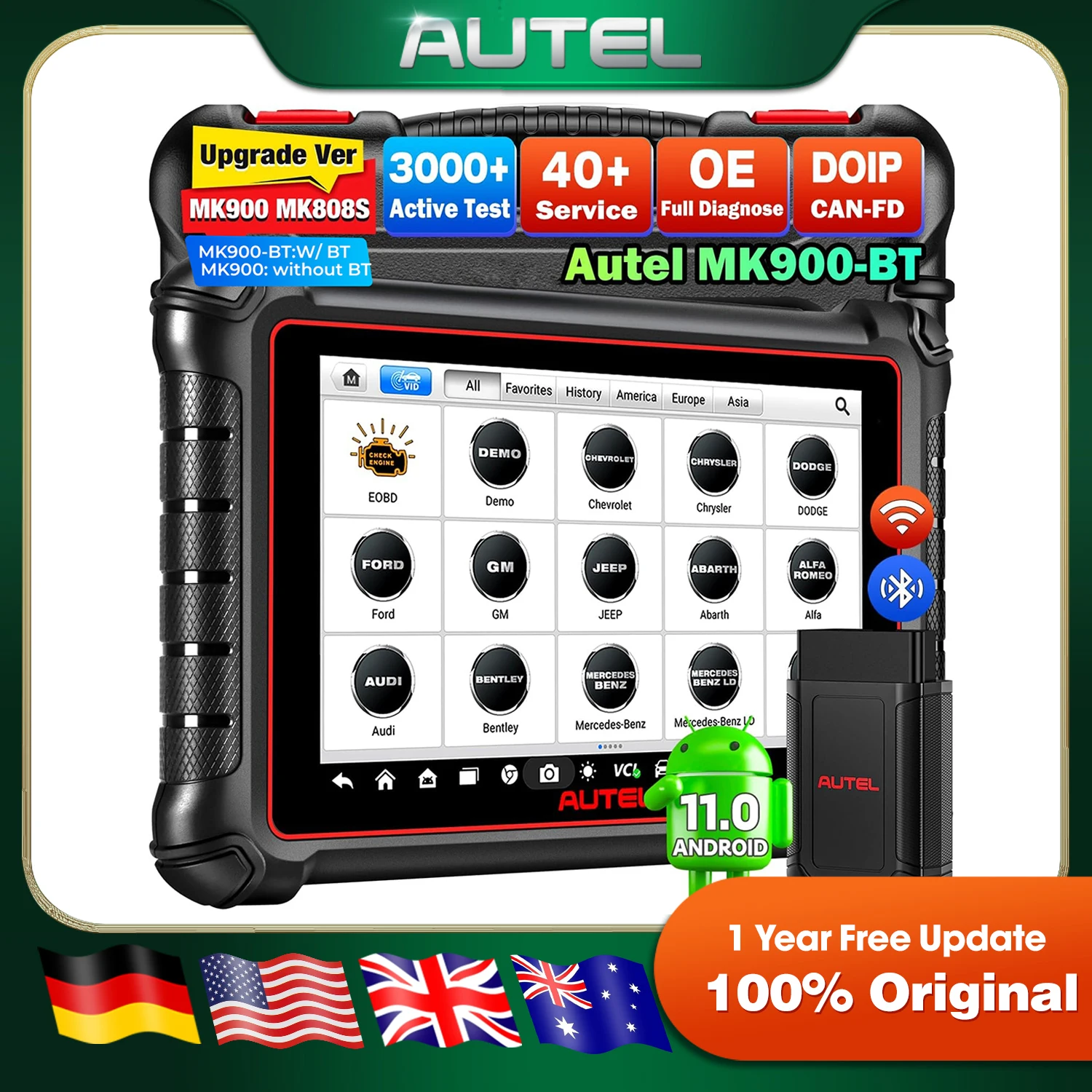 Autel MaxiCOM MK900BT Car Bidirectional Diagnostic Tools OBD2 Scanner 40+ Service 3K+ Active Tests All Sys FCA 33ft BT Ver. of MK900 MX900 MK808S