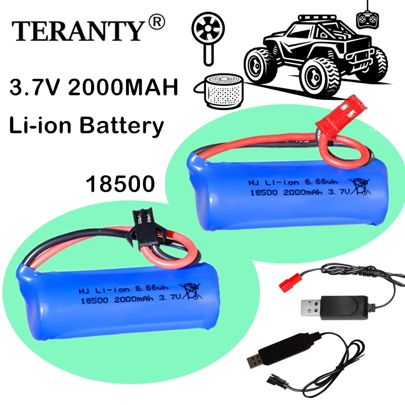 بطارية ليثيوم أيون 18500 قابلة لإعادة الشحن 3.7 فولت 2000 مللي أمبير في الساعة لمكبرات الصوت وأجهزة الراديو وأضواء LED وأجزاء الألعاب مع شاحن USB SM/JST-2P