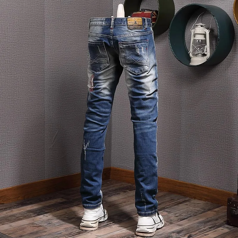 Fashion Vintage Men Jeans Retro Blue Plain Washed Elastic Slim Fit Ripped Jeans Men Embroidery Designer Trendy Denim Pants Homme