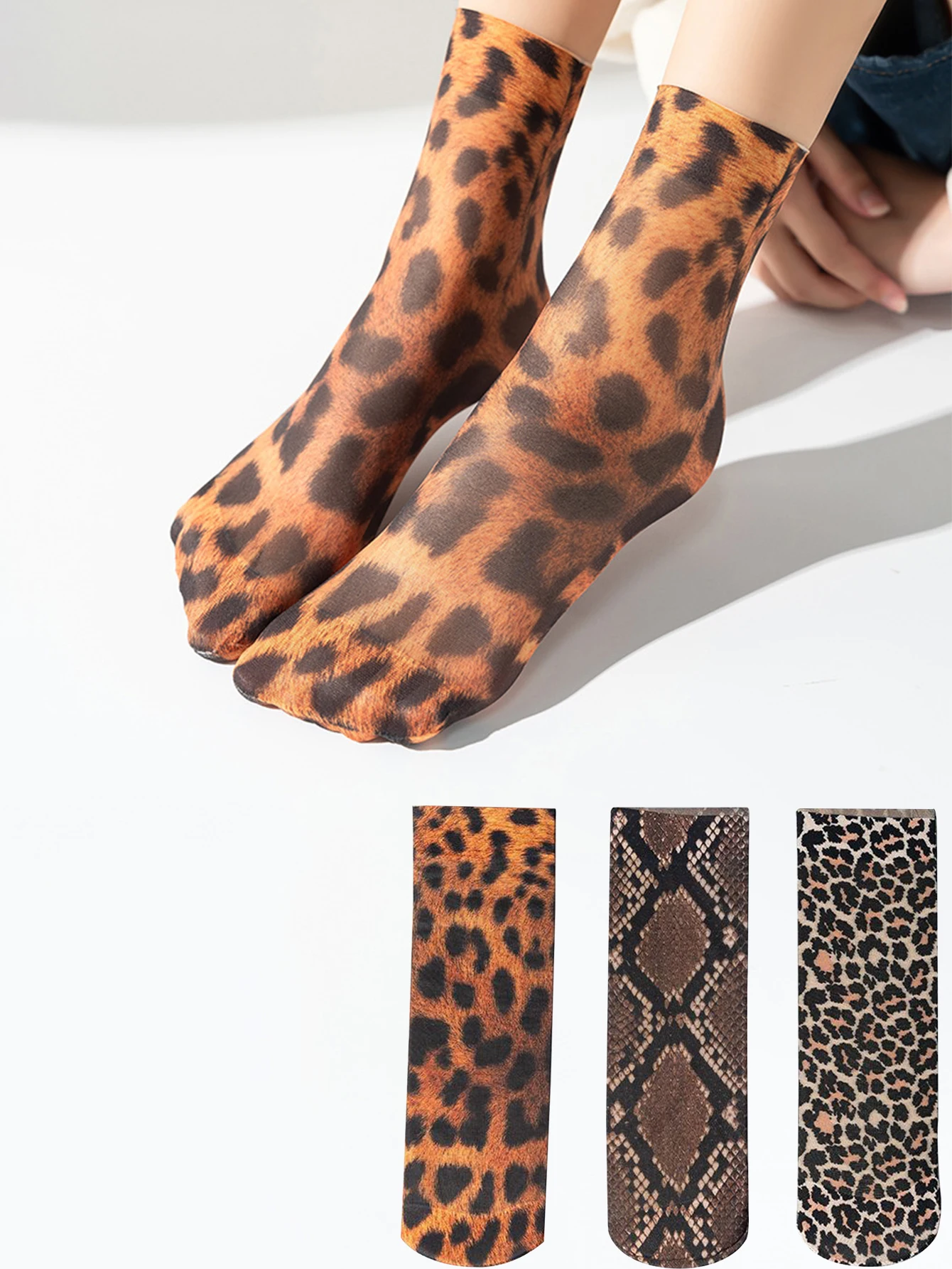 3 Pairs Leopard Large Flower Print Short Socks Summer Single Shoes Stockings High Elastic Comfortable Breathable Casual Skateboa