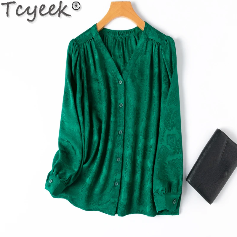 

Tcyeek 100% Mulberry Silk Women Shirt 2024 Spring Summer Clothes V-neck Long Sleeve Womens Tops Elegant Women's Shirts Camisas