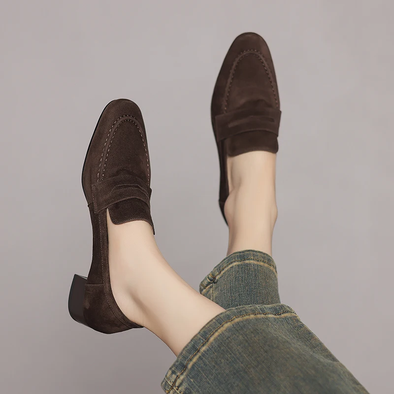 Ladies Shoes Quare Heel3 CM Ladies Pumps French Style Elegant Brown Loafers Spring Atumn Simple Pumps Sheepsuede Shoes 33-41
