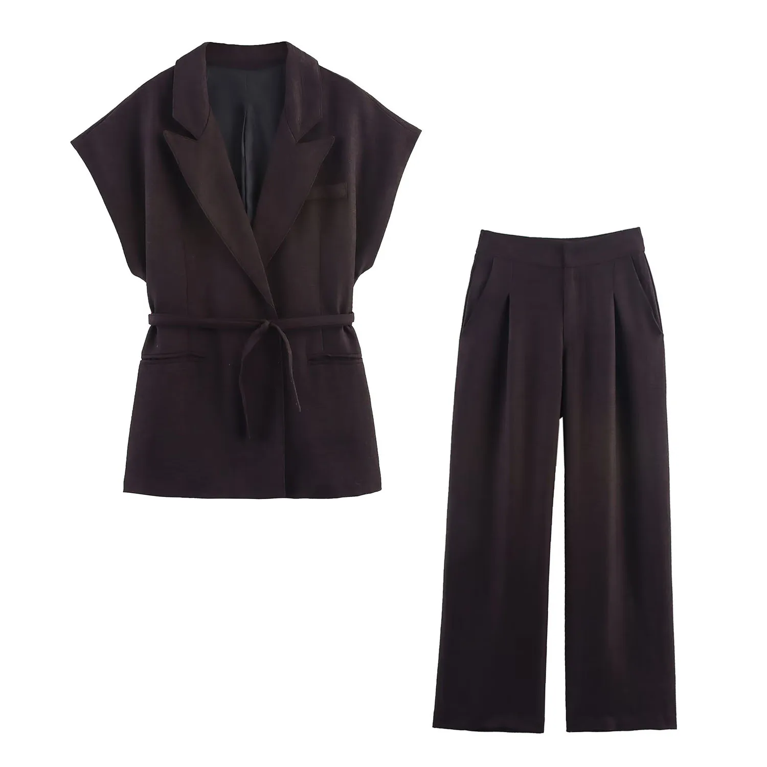 HH Vrouwen Elegante Effen Broek Pak Revers Dubbele Riem Ontwerp Mouwloos Vest + Zakken Rits Knop Rechte Geplooide Lange Broek