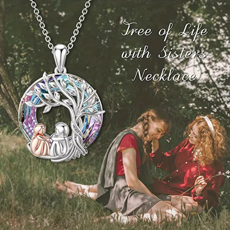 Tree of Life Sisters on the swing Necklace for Women Crystal Pendant Jewelry Gift for Family Friend Sisters Birthday Anniversary