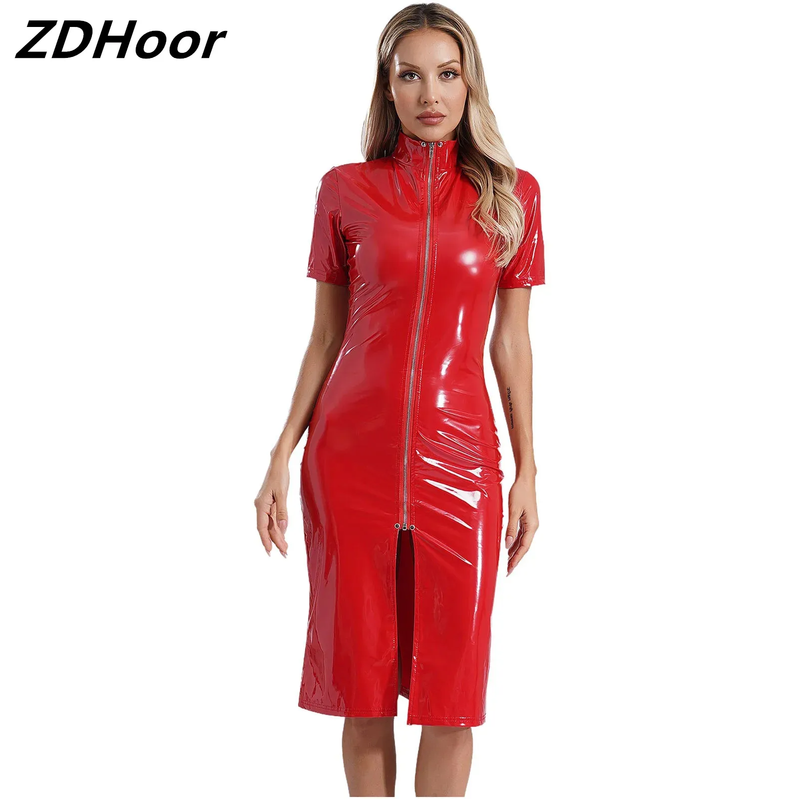 

Womens Front Zipper Split Dress Wet Look Patent Leather Dress Stand Collar Short Sleeve Bodycon Jacket Dress Clubwear