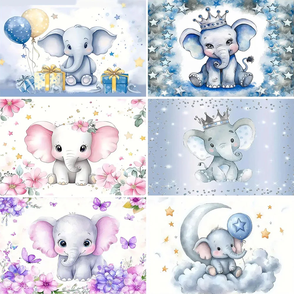 Décor de fête d'anniversaire éléphant de dessin animé, toile de fond florale, cadeau pour enfants, fournitures de studio photo pour baby shower, bannière