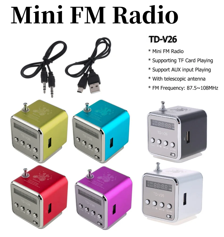 FM Portable Mini Radio TD-V26 Speaker Bluetooth 5.0 FM Radio Receiver MP3 Player Soundbar TF Card