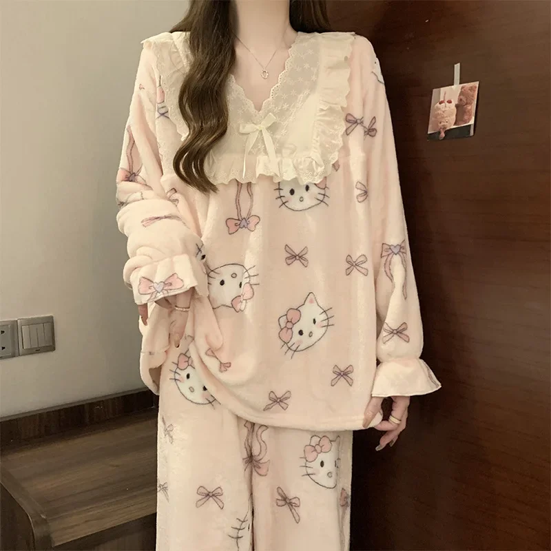 

Sweet Cute Sanrio Hello Kitty Anime Ladies Pajamas Set of Autumn Winter Thickened Warm Long-sleeved Pants Homewear Two-piece Set