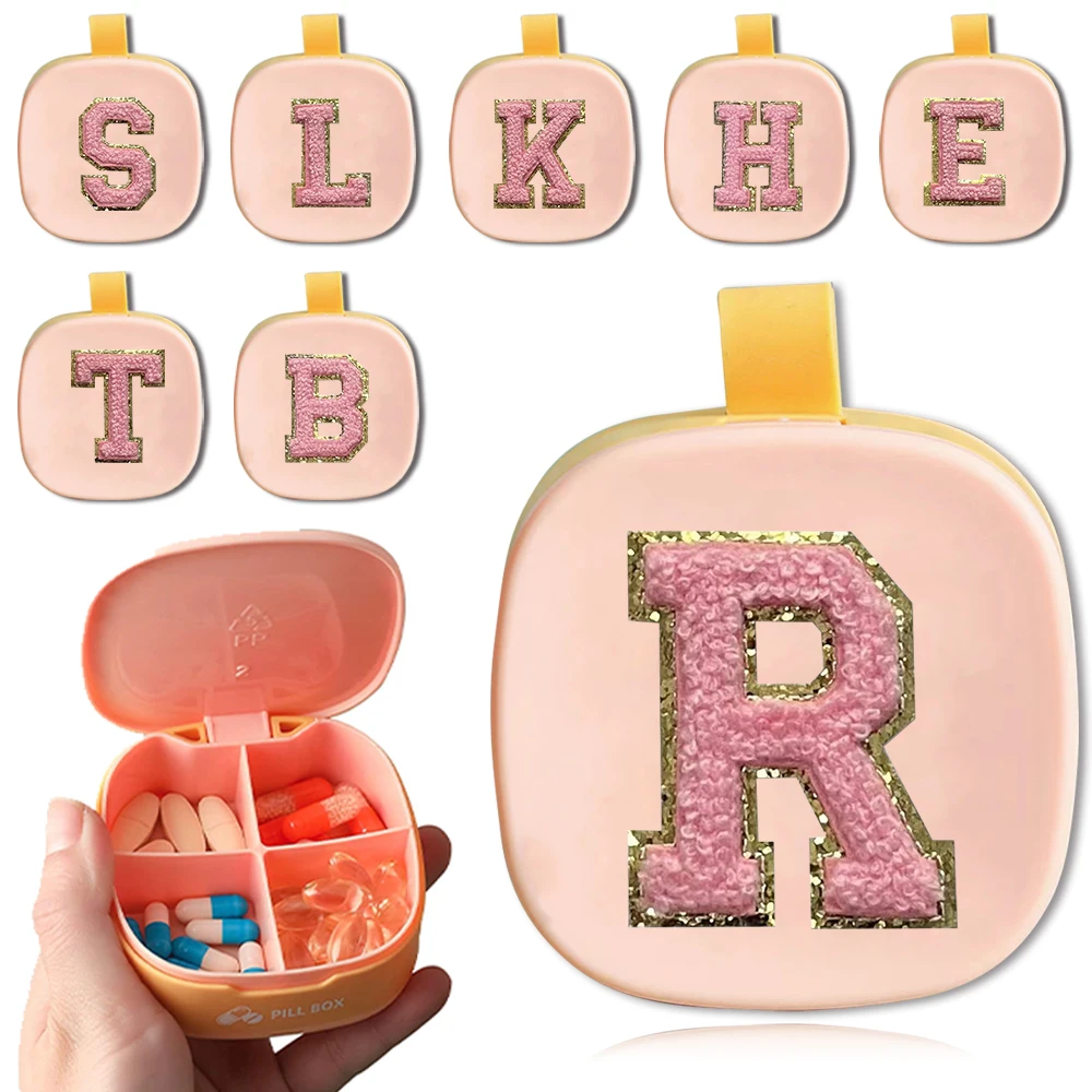 Initial Chenille Waterproof Pill Box 4 Compartments Medicine Box Pill Organizer Outdoor Name Initials A-Z 26 Letter Pink Pattern