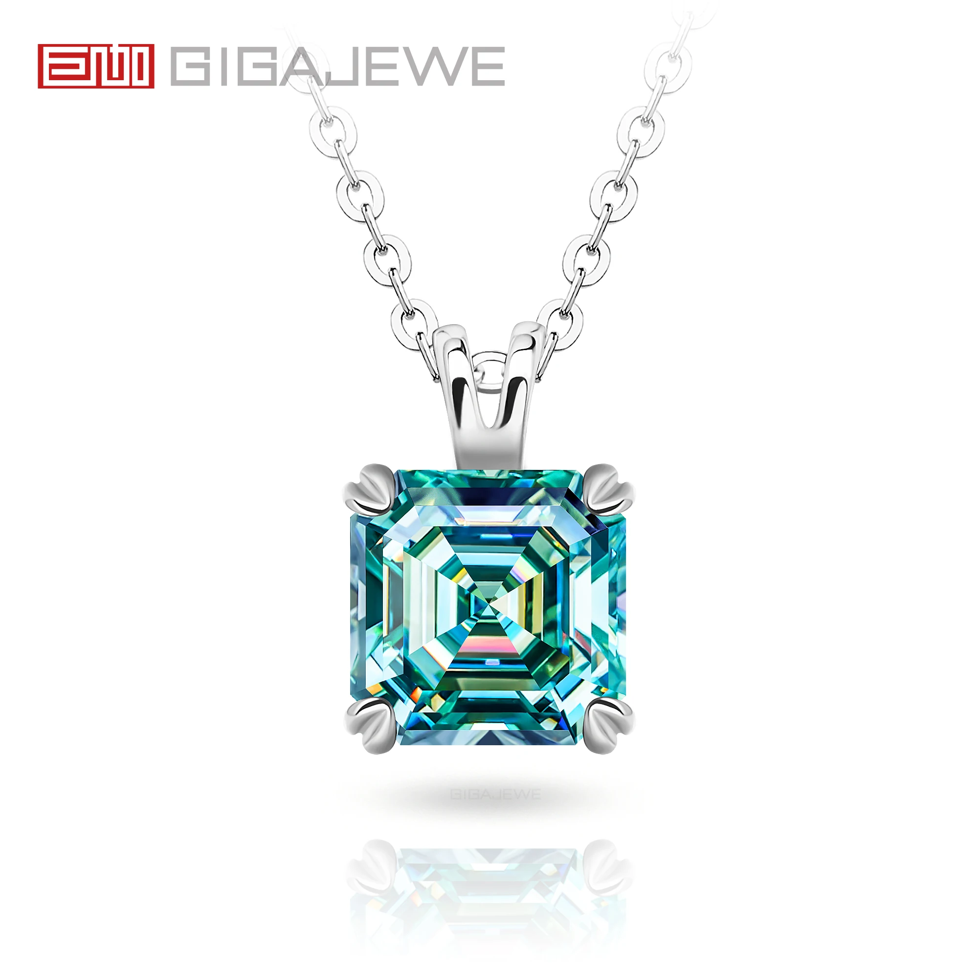 GIGAJEWE Moissanite Asscher naturalny cyjan w kolorze 7.0mm 2.0ct 18K biały pozłacane srebro naszyjnik zaręczynowy kobieta dziewczyna prezent