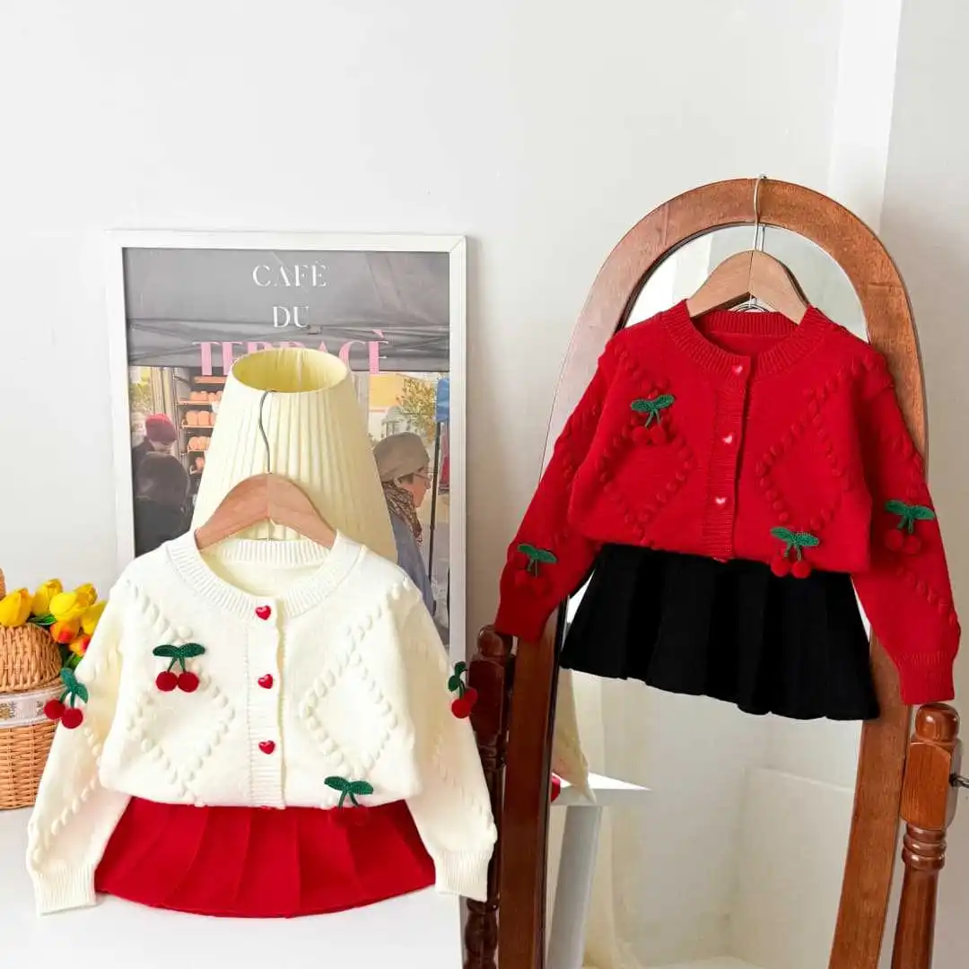 Winter Fall Girls Knit Cardigan Sets Korean Style Cherry Sweater Coat Skirt Two Piece Outfits Toddler Cute Suit 28 Years
