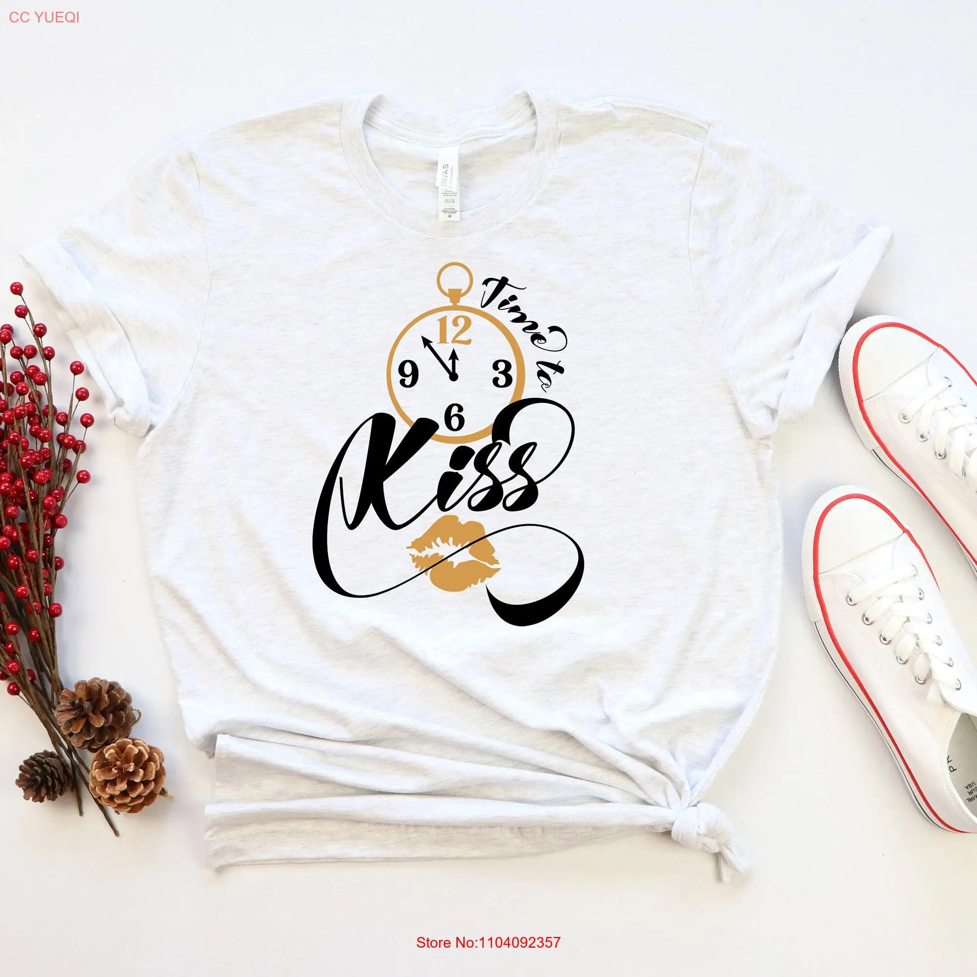 Time to kiss T Shirt new year gift Christmas Cute Women Holiday Night Outfit long or short sleeves