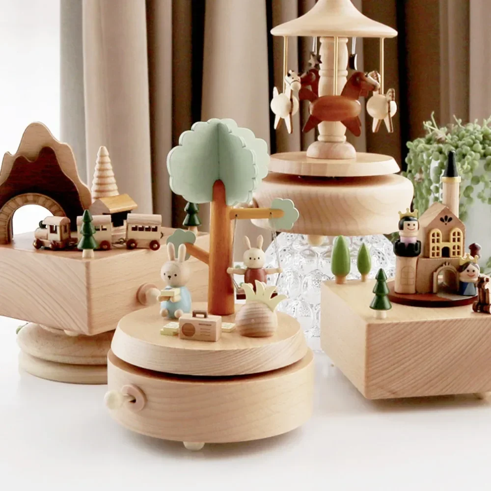 Wooden Music Box Music Box Creative Home Ornament Gift Children's Birthday Gift Carousel Swing Rabbit